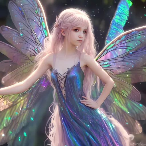 Prompt: Fairy with iridescent dragonfly wings wearing a long flowing iridescent gown and taking a self portrait, character portrait, highly detailed, anime ghible