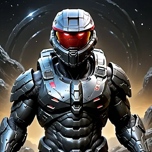 Prompt: An all black spartan from halo with a red visor