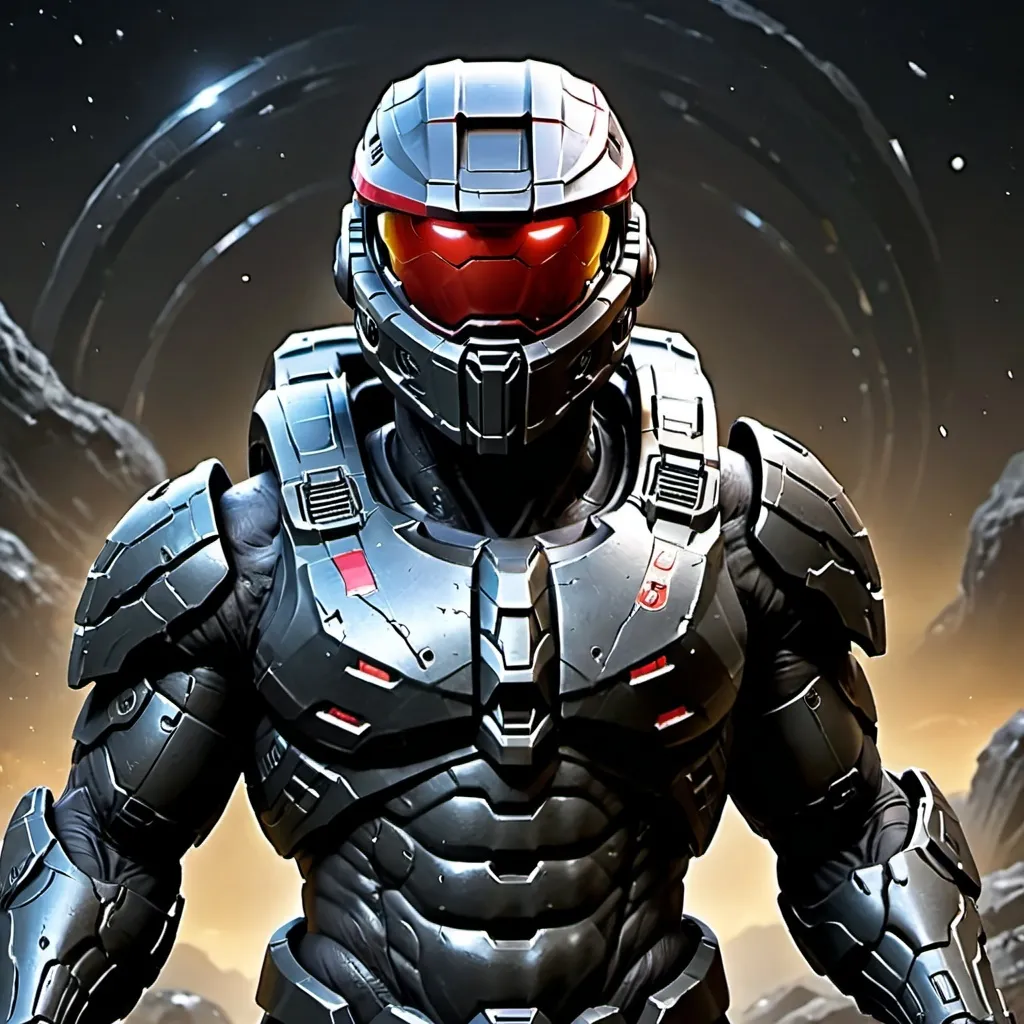 Prompt: An all black spartan from halo with a red visor