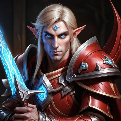 Prompt: hyper-realistic, fantasy character art, illustration, world of war craft, blood-elf male, glowing blue eyes, red armor, staff of arcane

