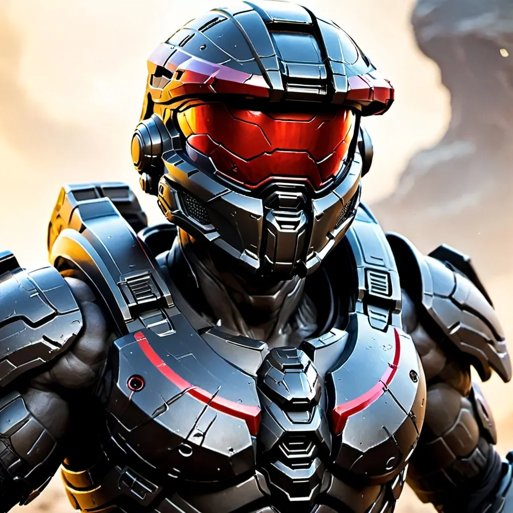 Prompt: An all black spartan from halo with a red visor