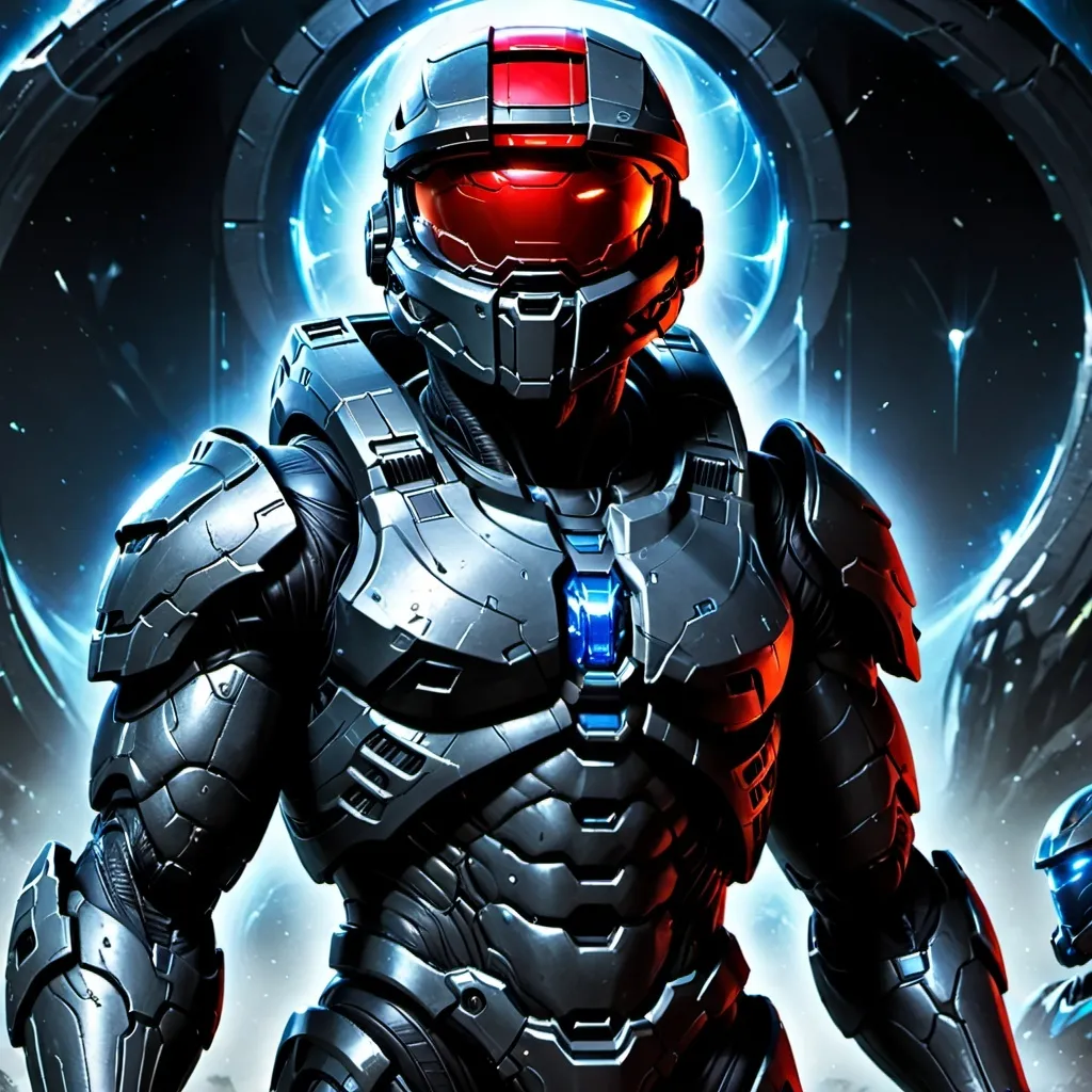 Prompt: An all black spartan from halo with a red visor with Cortana behind him