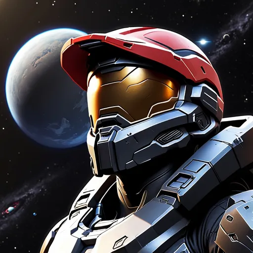 Prompt: spartan from halo in all black with a red visor, in space with a planet floating in the back