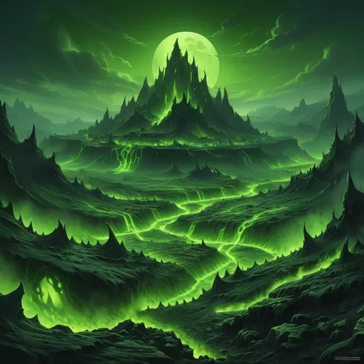 Prompt: Green wasteland, Shadowmoon Valley, landscape, green fires, green lava demons