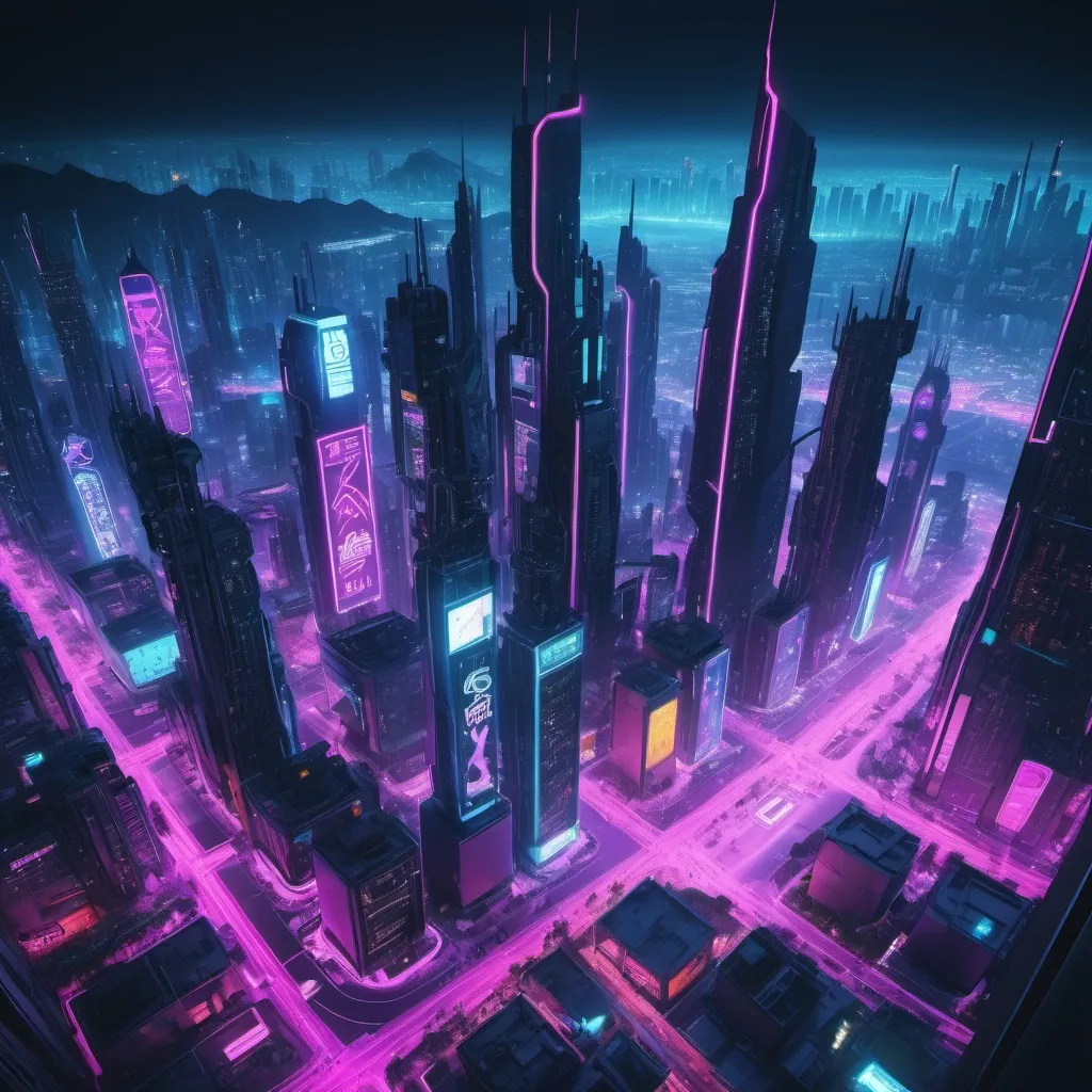 Prompt: world render, cybercity, cyber punk, neon lights, landscape from high-up