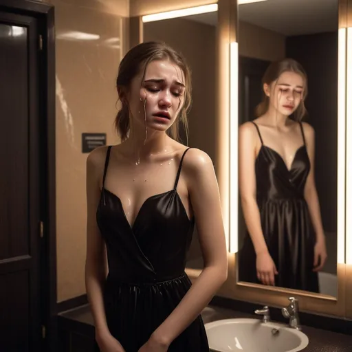 Prompt: 20 yo Poland girl crying, luxurious public bathroom, mirror, black dress, dimly lit, beige mood lighting, dark, photorealistic, full colored photo, professional photo, highly detailed 8k