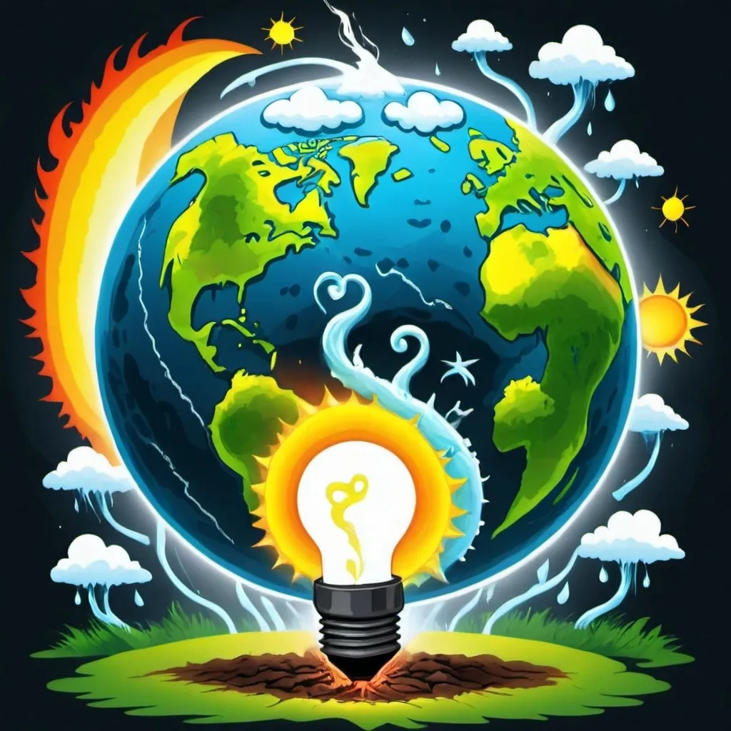 Prompt: Climate change poster and make it creative and glowy and put many symbols about the climate change and some cartoon
