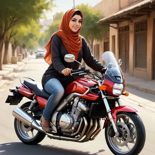 Prompt: Iranian girl riding Honda cb 1300, realistic digital painting, flowing hijab and loose clothing, detailed motorcycle design, vibrant and warm color tones, natural sunlight, realistic, detailed, motorcycle, traditional clothing, Iranian, flowing fabric, warm tones, sunny, realistic lighting