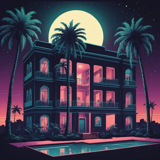 Prompt: A retro 80s style illustration of a luxury apartment at night with palm trees inside, and a graveyard that can be seen from the windows.