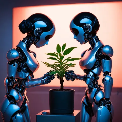 Prompt: Female robots caring for a small plant, futuristic sci-fi setting, metallic materials, delicate and precise movements, advanced technology, warm ambient lighting, detailed botanical features, high-tech design, high quality, sci-fi, futuristic, metallic, delicate movements, advanced tech, warm ambient lighting, detailed plant, high-tech design, professional, atmospheric lighting