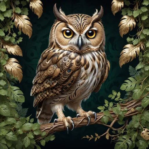 Prompt: An owl with detailed feather patterns and intense eyes perched on a branch, surrounded by dense, ornate forest foliage, leaves, and vines.