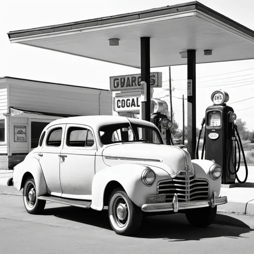 Prompt: Line art of an old car at an old gas station.