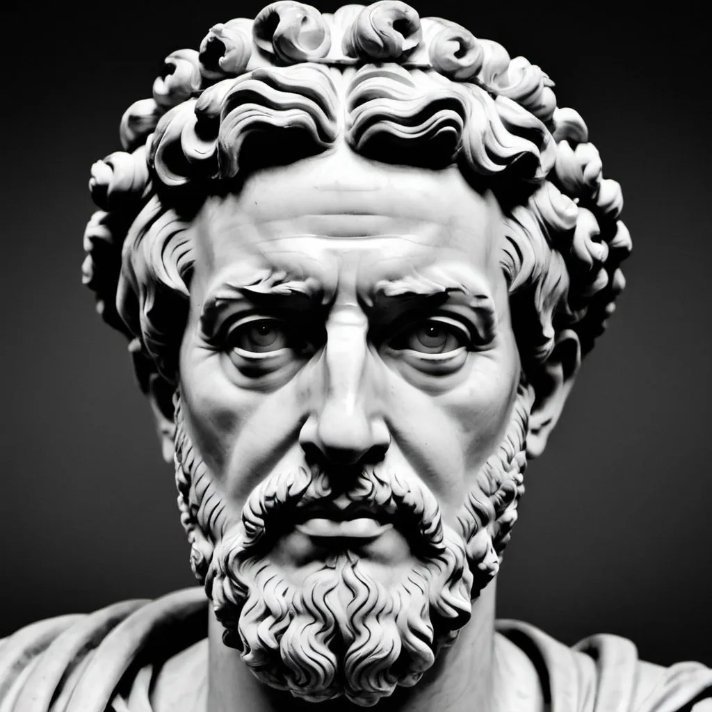 Prompt: a portrait of the stoic marcus aurelius in black and white 16:9 ratio”
