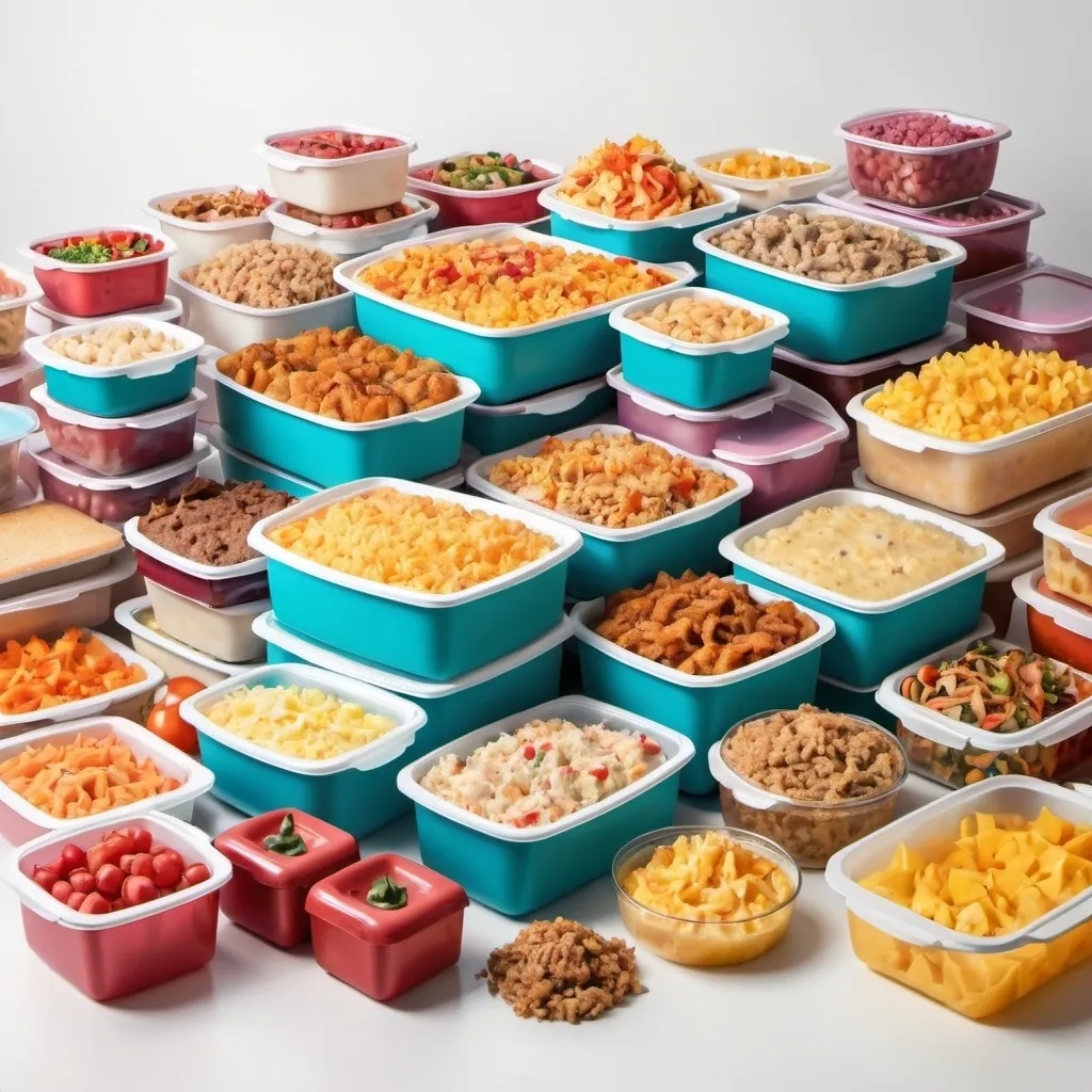 Prompt: a huge pile of Tupperwares full of food on a white background no cut on the borders
