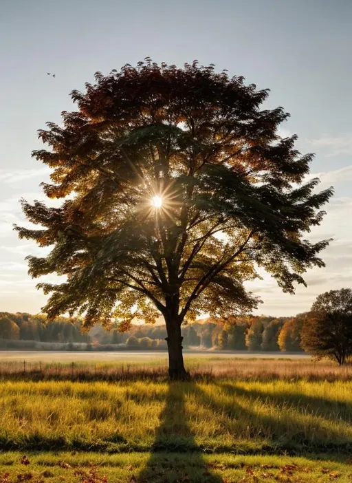 Prompt: Realistic digital painting of a serene countryside, rich autumn colors, warm and soft natural lighting, high definition, detailed foliage, tranquil atmosphere, realistic style, autumn tones, peaceful setting, professional, atmospheric lighting