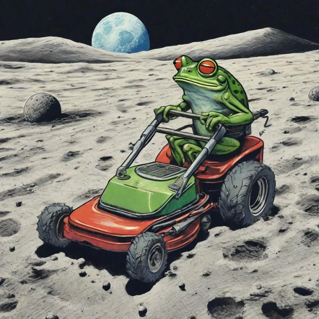 Prompt: a frog pushing a lawn mower on the moon.