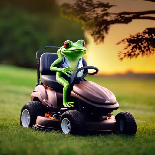 Prompt: A frog wearing a denem coat ridding a john deer lawn mower with with a sunset background