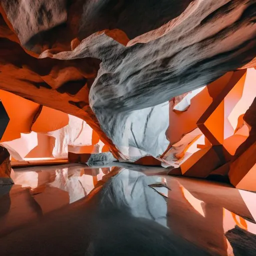 Prompt: interior of abstract cave used as a museum with cracks in surfaces, display cases and graphic panels, people are looking at exhibits, soft subtle warm orange light, geometric shapes