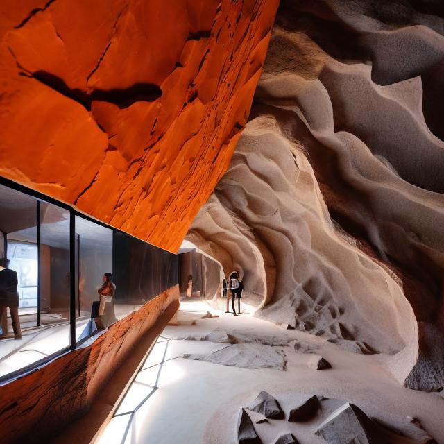 Prompt: abstract interior of cave museum with cracks in surfaces, display cases and graphic panels, people are looking at exhibits, soft subtle warm orange light, geometric shapes