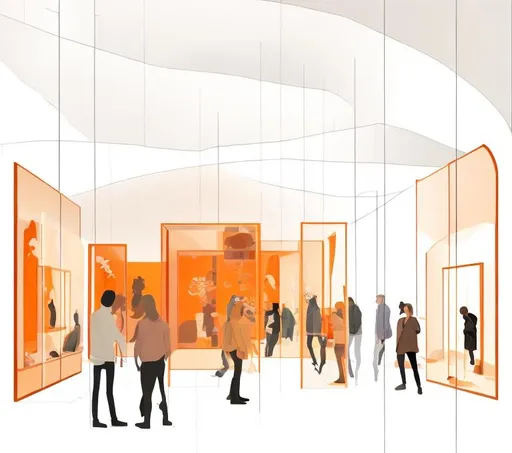 Prompt: cave interior with graphic panels and people looking at display cases, warm orange light
