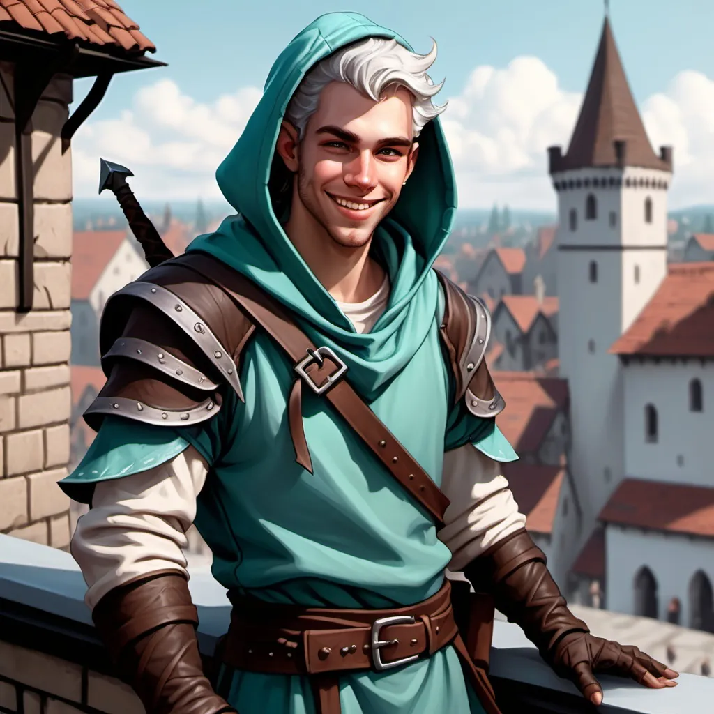 Prompt: Dnd character, male, 25 years old, half human and tiefling, light teal skin, white and brown hair tied back, hooded, glowing bow, arm guard on left arm, smiling, good guy, on rooftop of medieval city