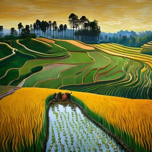 Prompt: Bright oil paint on canvas in the style of a  Vincent van Gogh brush strokes, capturing the warm hues of the rising sun on terraced rice fields in the style of the serene charm of rice fields in Jatiluwih Bali near old village-style bamboo huts that appear to blend with the lush greenery. Rough, feathery brush strokes evoke a sense of serenity, as the sky radiates the softness of soft orange sunlight, with a thin mist surrounding it, implying the elegance of the village and in the rice fields you can see a buffalo plowing the fields followed by a farmer whipping it behind his ancient plow, in the sparkling fields filled with water Next to it there are also beautiful green rice fields.  A buffalo can be seen carrying an ancient plow with a farmer whipping its body as the focus of the painting. The air is thick with the scent of blooming wildflowers, and the atmosphere is serene, with hints of golden light dancing across the landscape, with a small river rippling across the rice fields and inviting the viewer to enter this beautiful world.