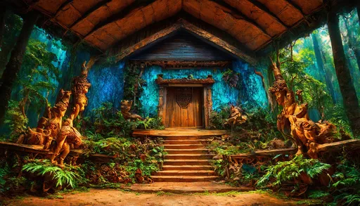 Prompt: Surrealism artwork of a traditional Tana Toraja house, dreamlike atmosphere, distorted dimensions, vibrant and surreal colors, intricate wood carvings, mystical atmosphere, detailed texture, high quality, surrealism, dreamlike, vibrant colors, intricate details, mystical, detailed texture, surreal lighting