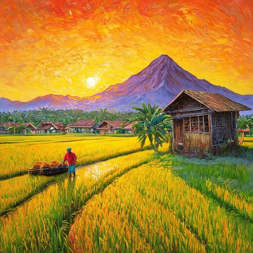 Prompt: "A painting in Van Gogh's style of a Balinese village in the morning. The sky is filled with the vivid orange light of sunrise, as a farmer tills the rice field. An old wooden hut stands close by, with a Hindu temple in the rice field area and mountains in the background, forming a stunning and enchanting landscape."