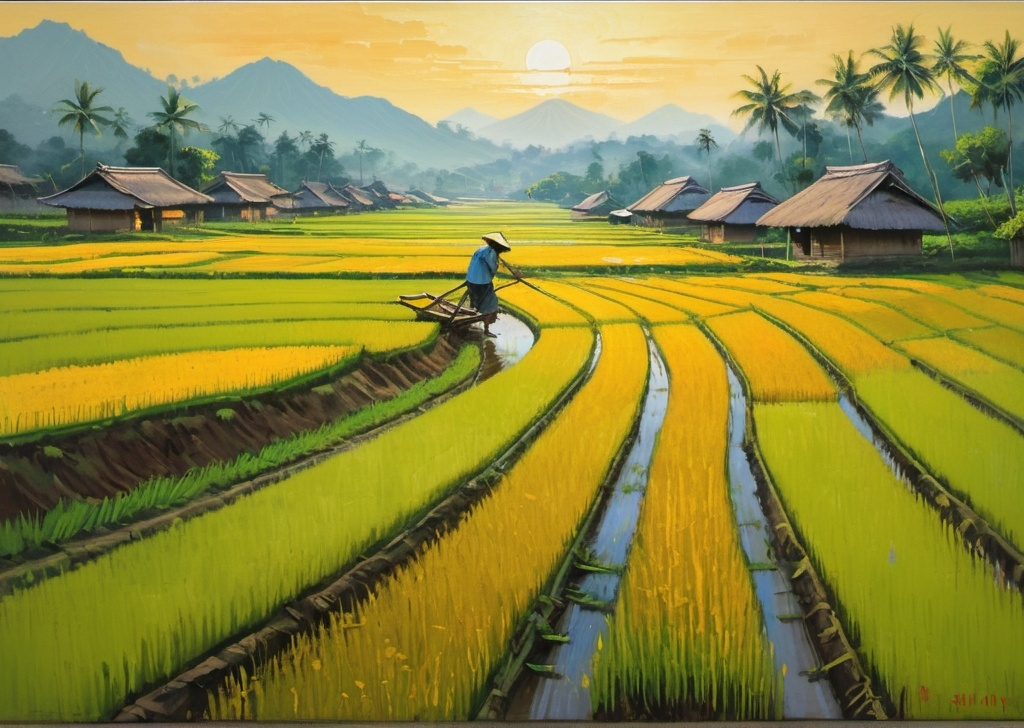 Prompt: Bright oil paint on canvas in the style of a  Vincent van Gogh brush strokes, capturing the warm hues of the rising sun on terraced rice fields in the style of the serene charm of rice fields in Jatiluwih Bali near old village-style bamboo huts that appear to blend with the lush greenery. Rough, feathery brush strokes evoke a sense of serenity, as the sky radiates the softness of soft orange sunlight, with a thin mist surrounding it, implying the elegance of the village and in the rice fields you can see a buffalo plowing the fields followed by a farmer whipping it behind his ancient plow, in the sparkling fields filled with water Next to it there are also beautiful green rice fields.  A buffalo can be seen carrying an ancient plow with a farmer whipping its body as the focus of the painting. The air is thick with the scent of blooming wildflowers, and the atmosphere is serene, with hints of golden light dancing across the landscape, with a small river rippling across the rice fields and inviting the viewer to enter this beautiful world.