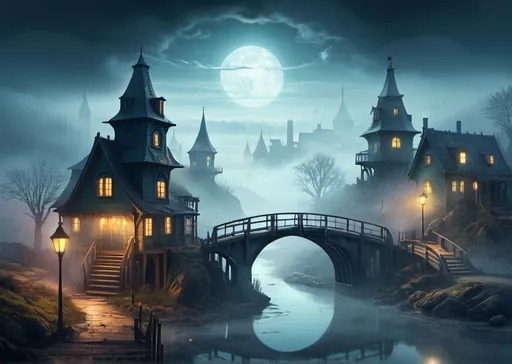 Prompt: Dramatic surrealism illustration of a foggy settlement scene, cinematic lighting, fantasy settlement, river bridge, misty atmosphere, detailed architecture, subtle surreal elements, dreamlike colors, high quality, surrealism, cinematic lighting, foggy atmosphere, fantasy, detailed architecture, dreamlike colors, misty, river bridge, subtle surreal elements, settlement scene