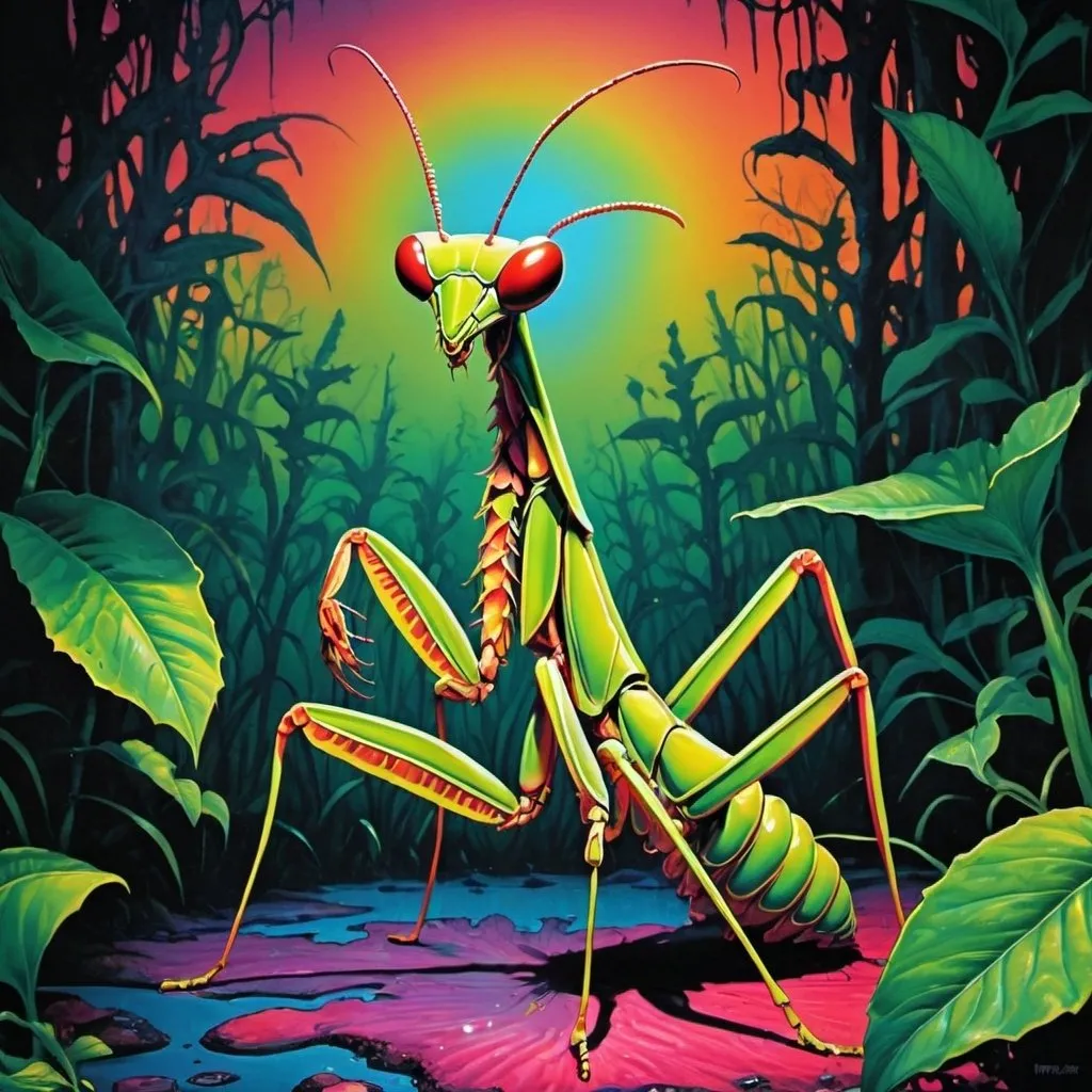 Prompt: psychedelic print praying mantis, jungle, melting, concert poster, trick of the eye painting