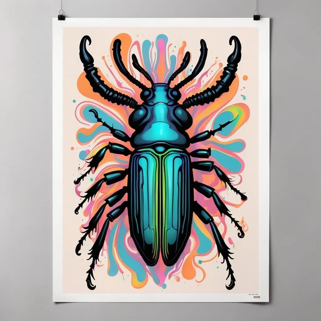 Prompt: psychedelic print long horn beetle, thick black lines, melting, concert poster