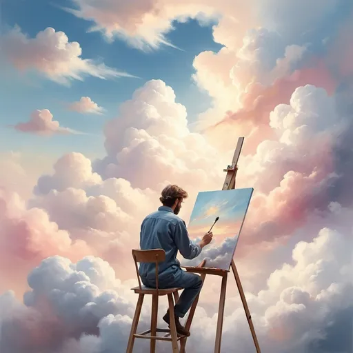 Prompt: Graphic artist painting on a canvas, sitting on a cloud, morning light, pastel colors, medium shot, watercolor, HD, ethereal, dreamy, heavenly, detailed brushstrokes, soft clouds, serene atmosphere, artist in the sky, tranquil scene, peaceful, professional