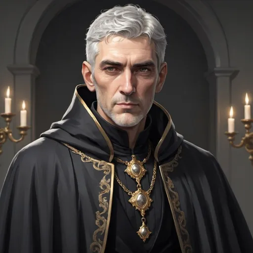 Prompt: Tall man, wearing fine noble clothing without jewelry.  Short classy gray hair.  Black cloak with gold trimmings.