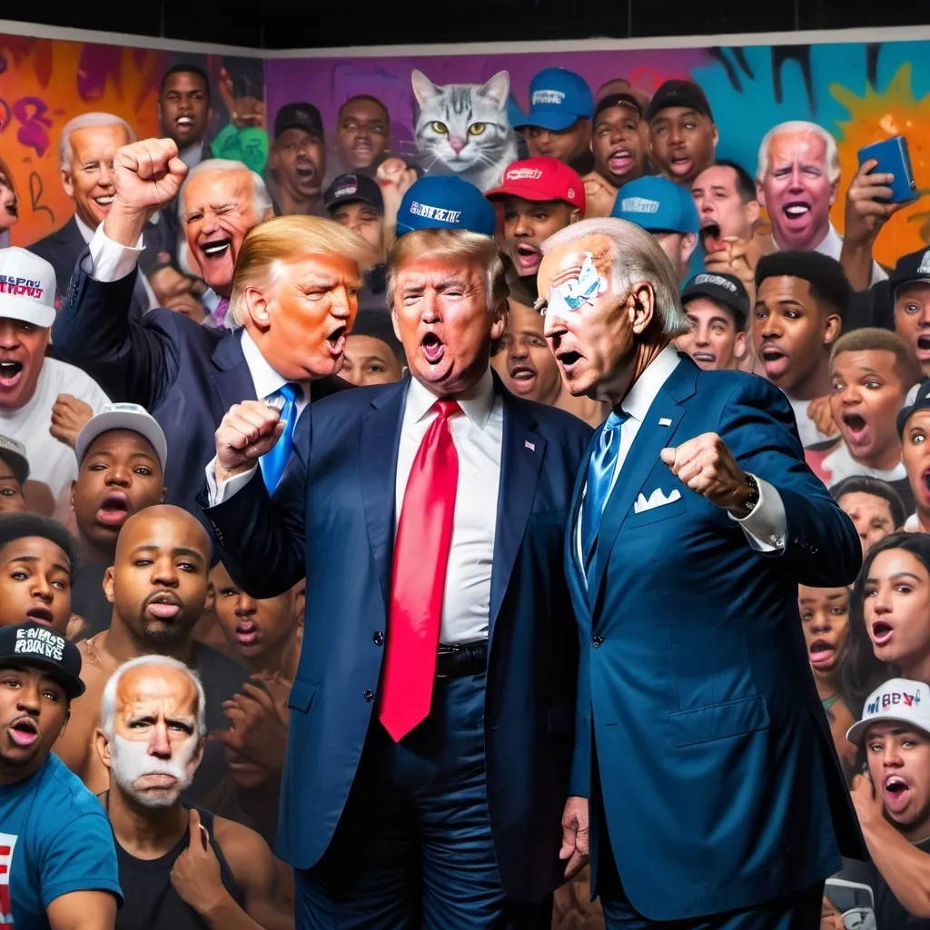 Prompt: donald trump en una batalla de rap contra joe biden con un juez gato