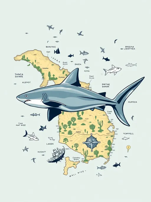 Prompt: Malapacua map around is thresher shark（very long tail）, large rays, wrecks and reefs, wall dives for t-shirt back design