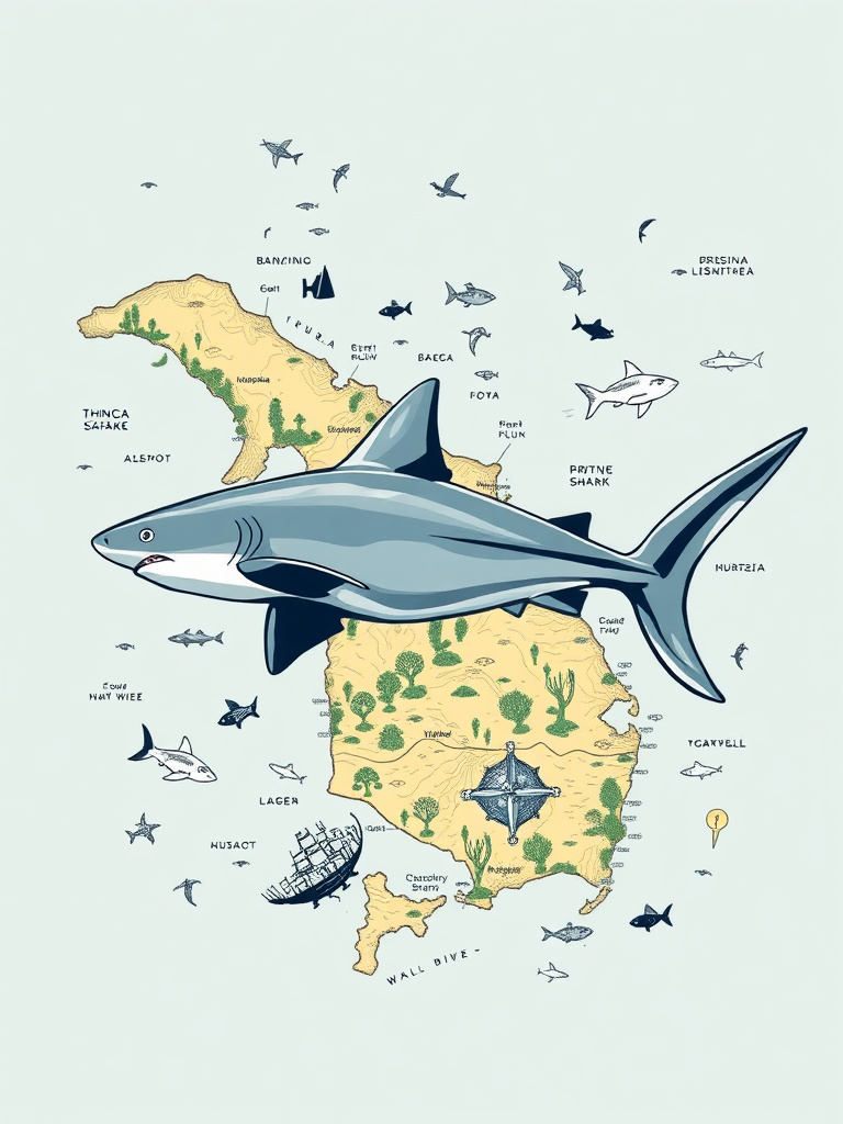 Prompt: Malapacua map around is thresher shark（very long tail）, large rays, wrecks and reefs, wall dives for t-shirt back design