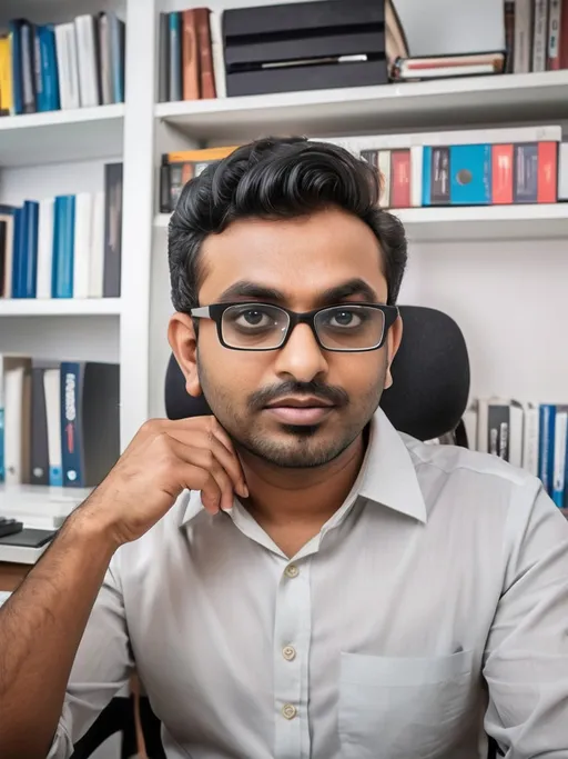 Prompt: a man sitting in front of a desk with a computer on it's desk and a book shelf behind him, Bikash Bhattacharjee, samikshavad, jayison devadas, a stock photo