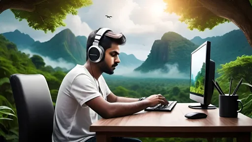 Prompt: A software engineer works on the table wearing headphones listening to illayaraja music, he is surrounded by nature elements with respect to illayaraja music. on this computer , he can see java programming. sky mood is kind of stromy. Chainsmokers and one direction artist are trying to divert the software engineer