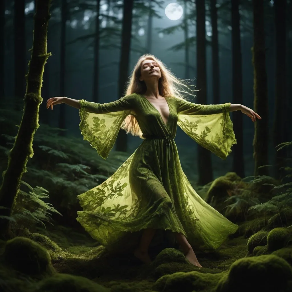 Prompt: glowing woman clothed in moss and forest fauna dancing in the moonlight