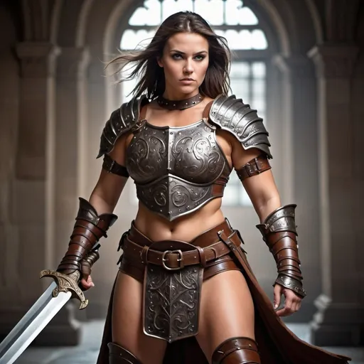 Prompt: large beautiful, muscular woman wearing ancient leather armor wielding a large sword
