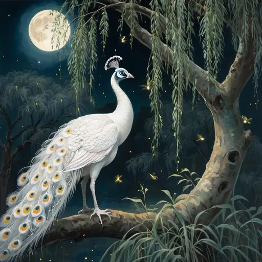 Prompt: a white peacock under a weeping willow in the moonlight with fireflies