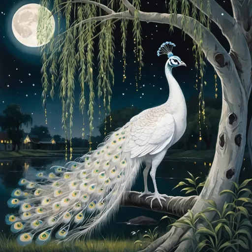 Prompt: a white peacock under a weeping willow in the moonlight with fireflies