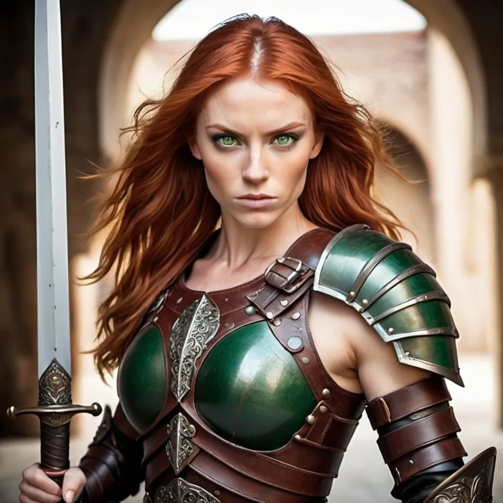 Prompt: large beautiful green eyed, red haired, muscular woman wearing ancient leather armor wielding a large sword