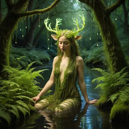Prompt: glowing water nymph clothed in moss and ferns surrounded by weeping willows, fireflies and fawns