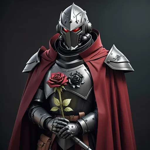 Prompt: Sci-fi Knight in power armor with a black rose sigil on chest with crimson shoulder cape and trench coat 