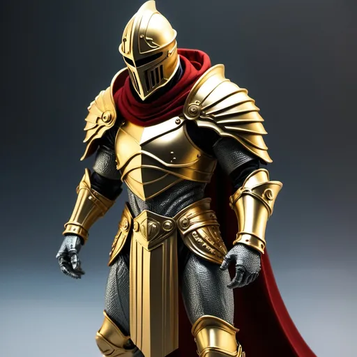 Prompt: Sci-fi Atlantian Knight with gold shoulder cape and hood 