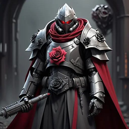 Prompt: Sci-fi Knight in power armor with a black rose sigil on chest with crimson shoulder cape and trench coat 