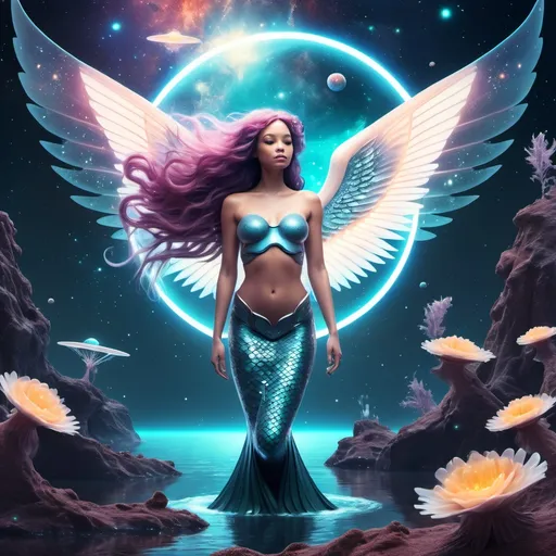 Prompt: Beautiful Sci-fi space mermaid with angel wings in a cosmic landscape 