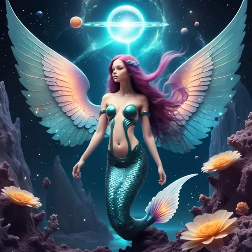Prompt: Beautiful Sci-fi space mermaid with angel wings in a cosmic landscape 